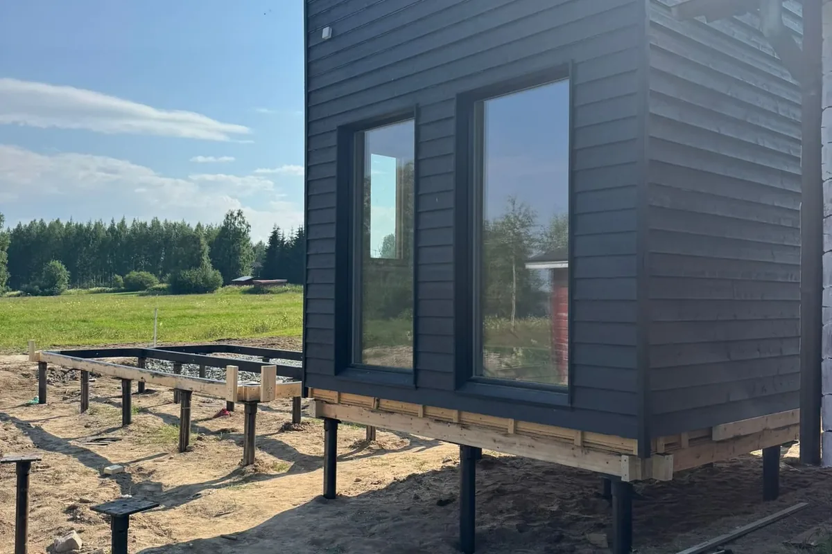 Helical pile foundation for a wooden cabin in northern Finland