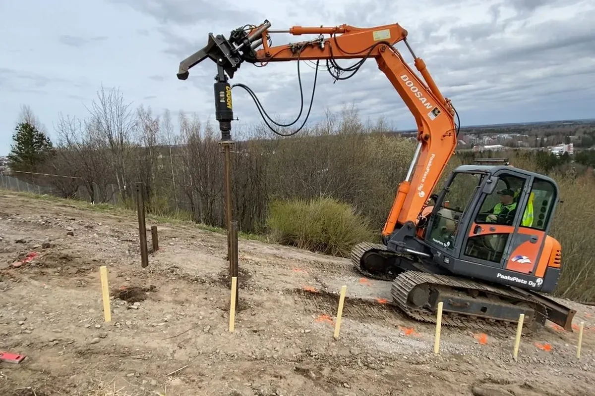 Helical pile installation for a fitness stairway on a hillside, Helsinki